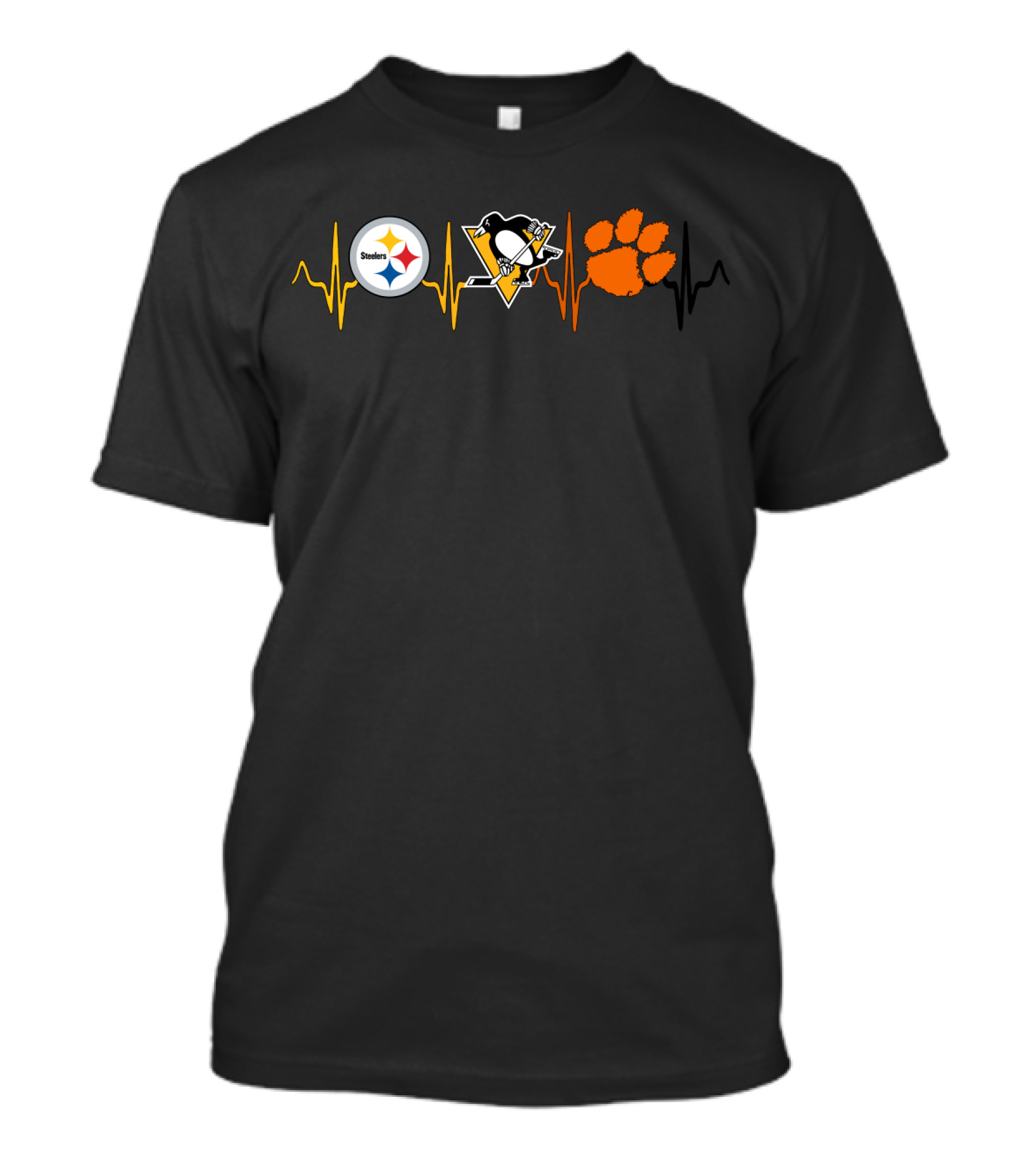Steelers Penguins Heartbeat With Clemson Tigers Paw Print Ct T-Shirt