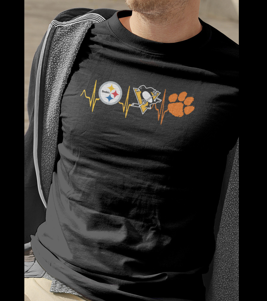 Steelers Penguins Heartbeat With Clemson Tigers Paw Print Ct T-Shirt