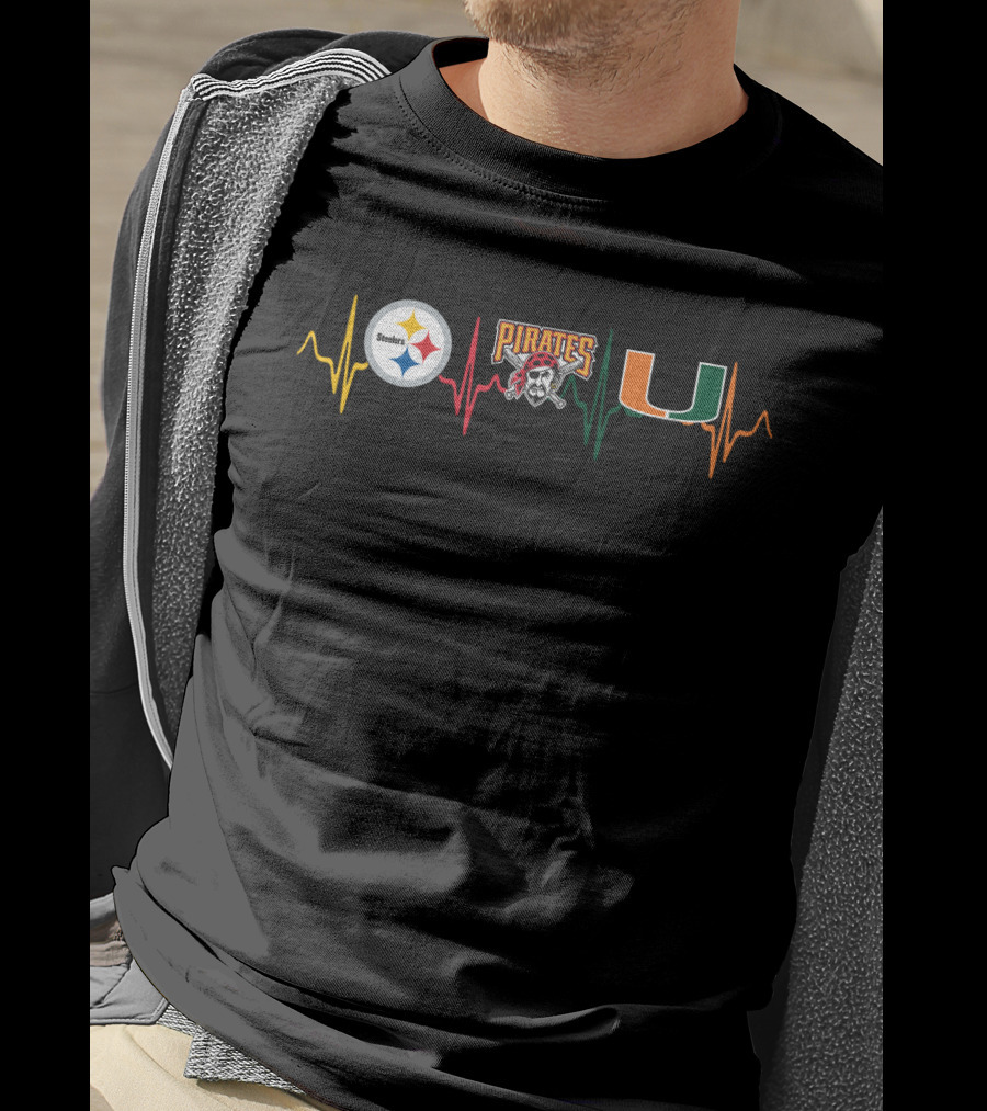 Steelers Pirates Miami Hurricanes Heartbeat T-Shirt