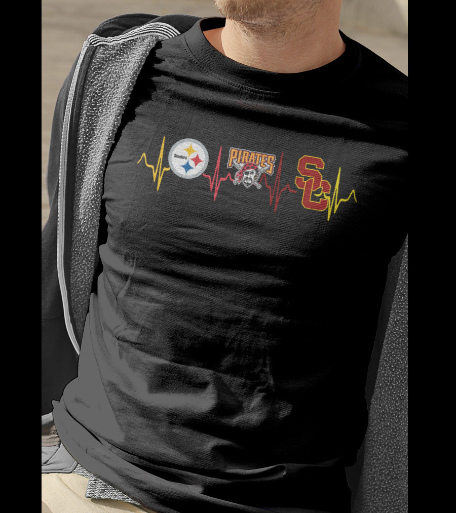 Steelers Pirates Usc Trojans Heartbeat Logos T-Shirt