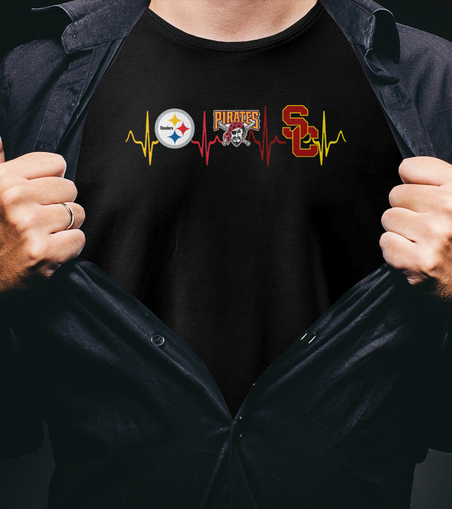 Steelers Pirates Usc Trojans Heartbeat Logos T-Shirt