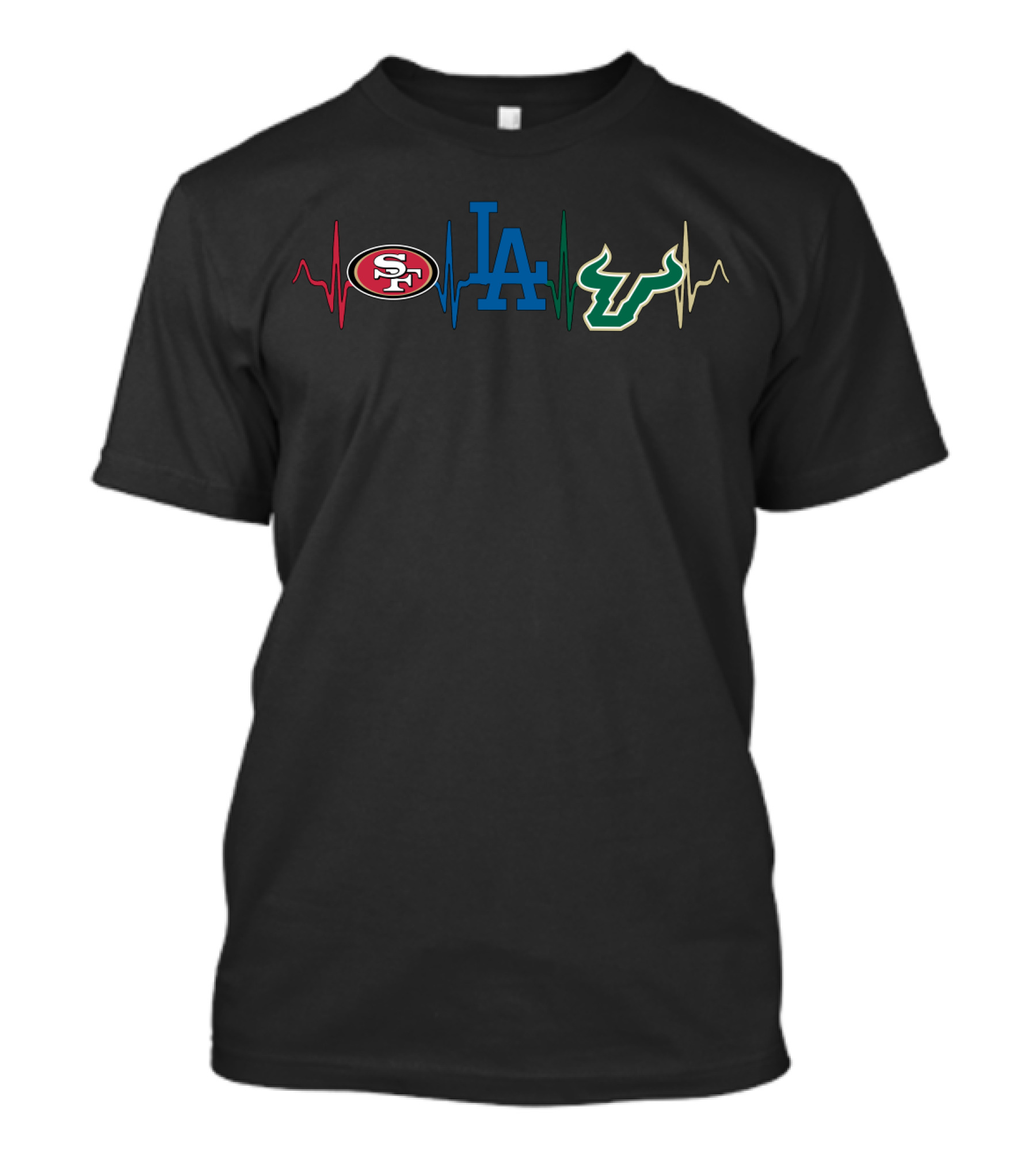 Love 49ers With Dodgers With Sfb Heartbeat Logos T-Shirt