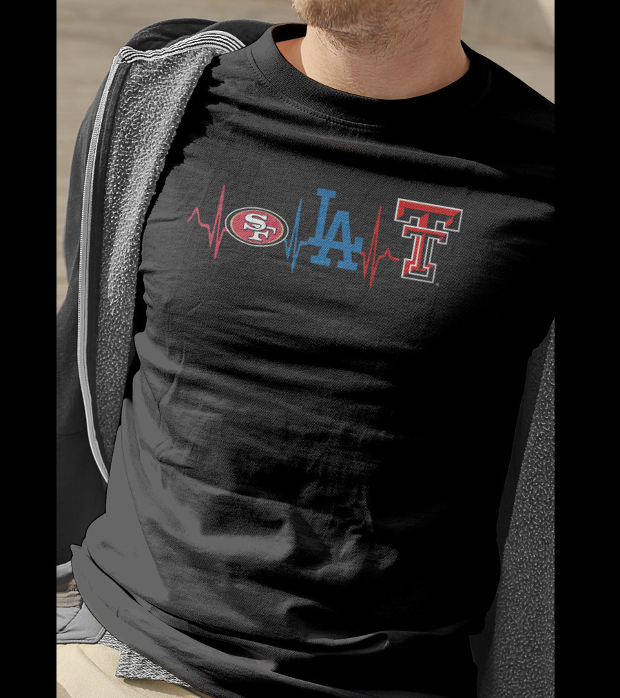 Love Sf 49ers La Dodgers Texas Tech Red Raiders Heartbeat T-Shirt