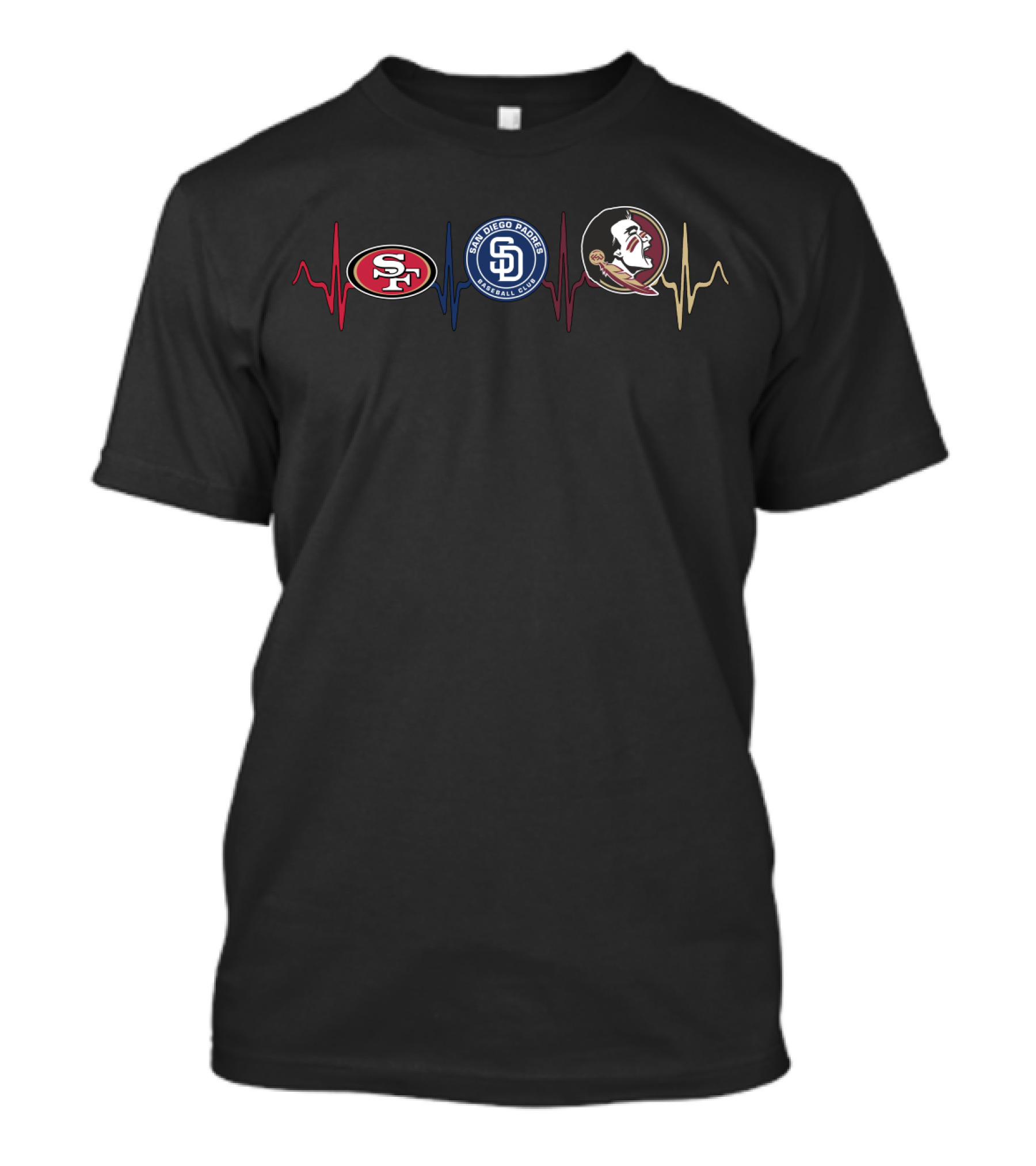 San Francisco 49ers Love San Diego Padres With Florida State Seminoles Heartbeat T-Shirt
