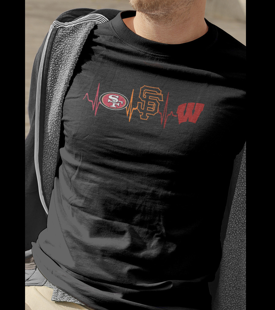 Love 49ers Giants Wisconsin Badgers Logos With Heartbeat Lines T-Shirt