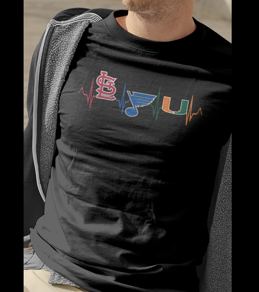 Love St. Louis Cardinals Blues Miami Hurricanes Heartbeat T-Shirt