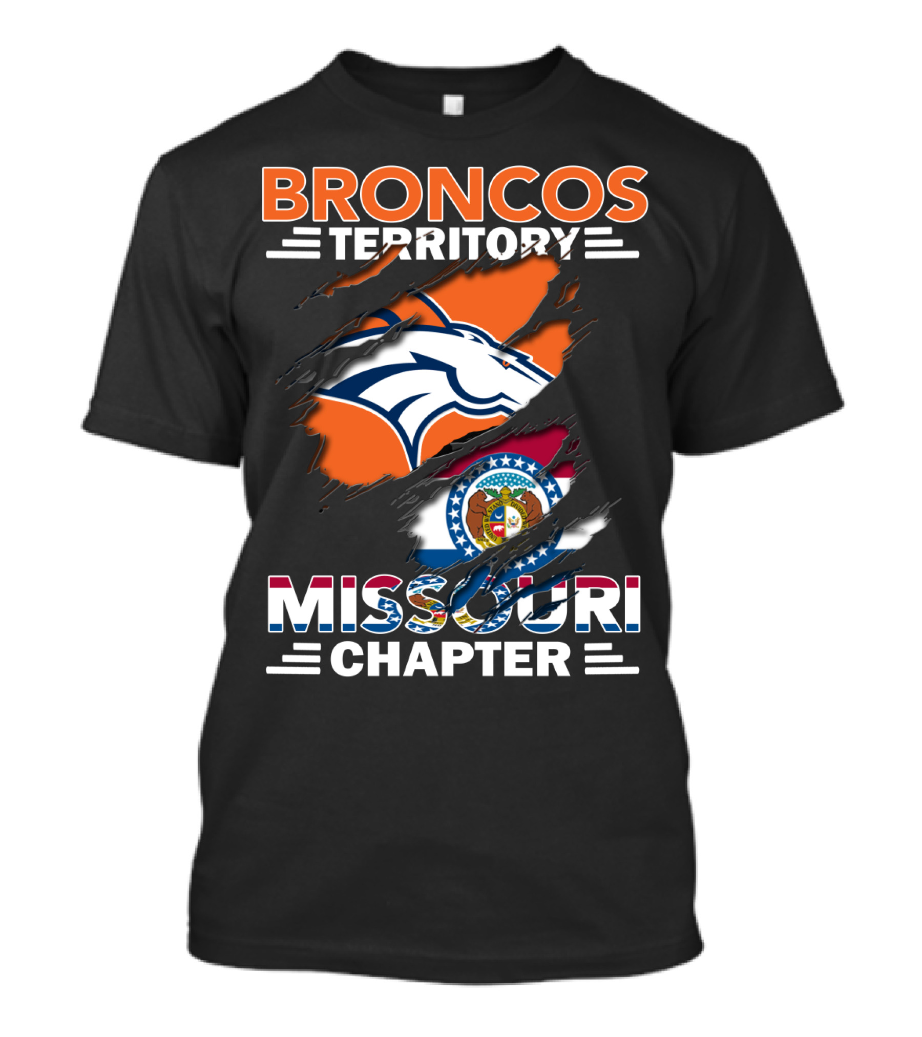Broncos Territory Missouri Chapter Denver Broncos Logo And Missouri State Flag T-Shirt