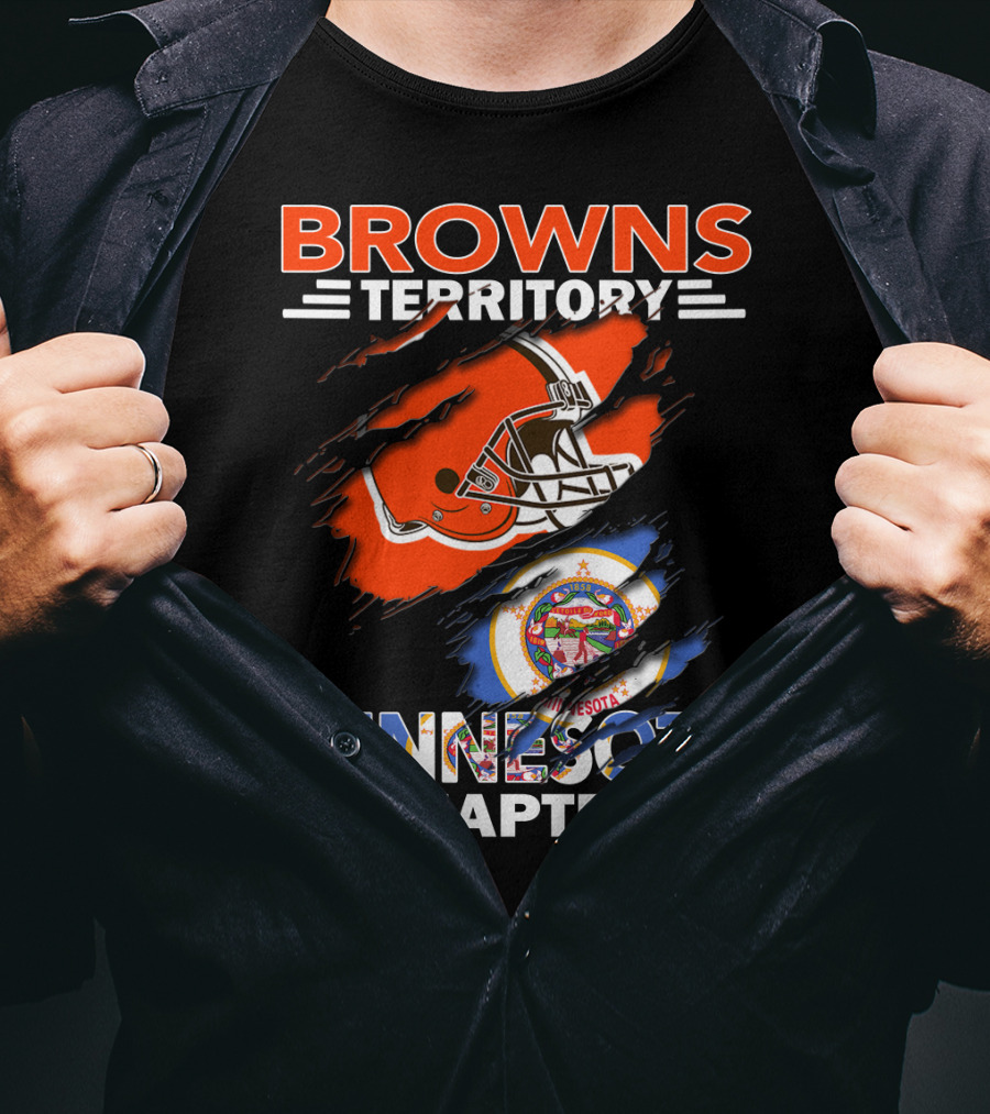 Browns Territory Minnesota Chapter Football Helmet And State Emblem Orange Black Blue Bar Logo Team Flag T-Shirt