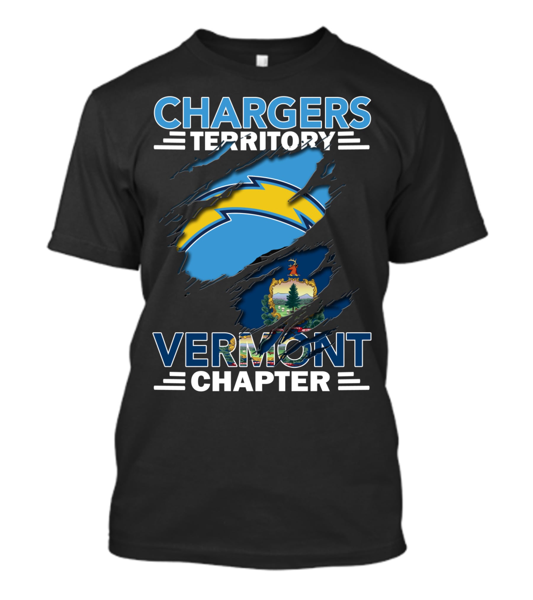 Chargers Territory Vermont Chapter Logo With State Emblem And Lightning Bolt T-Shirt