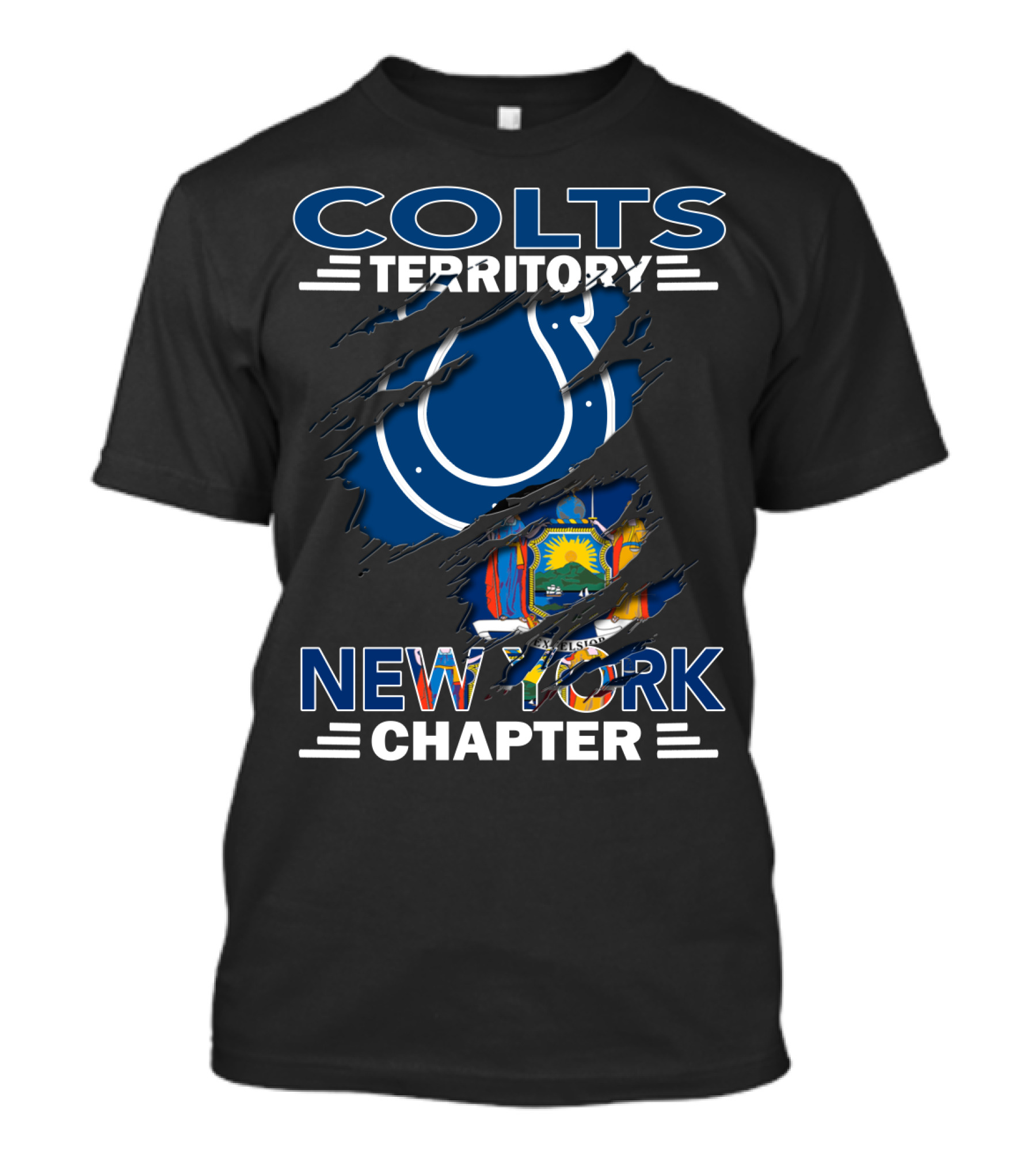 Colts Territory New York Chapter Blue And Red Logo With Ripped State Flag T-Shirt