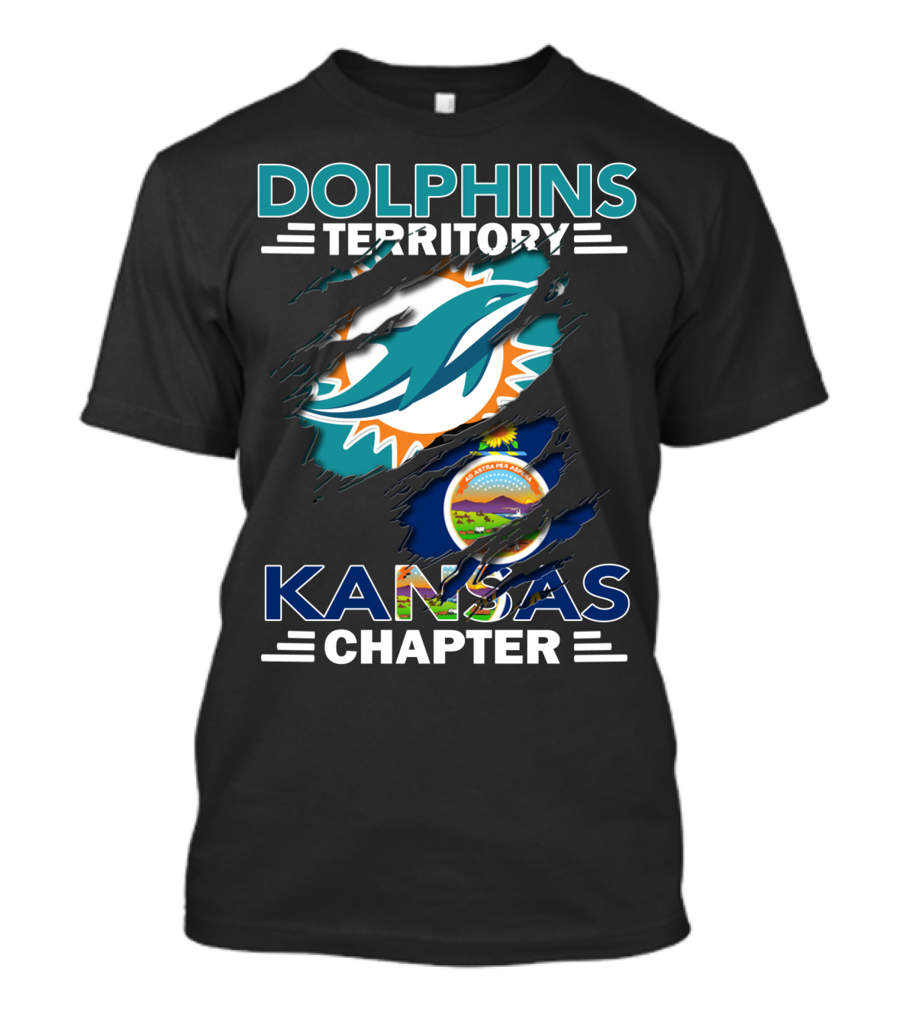 Dolphins Territory Kansas Chapter Miami Dolphins Fan Group With Kansas State Seal T-Shirt