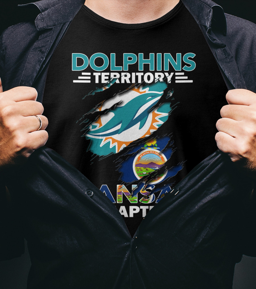 Dolphins Territory Kansas Chapter Miami Dolphins Fan Group With Kansas State Seal T-Shirt