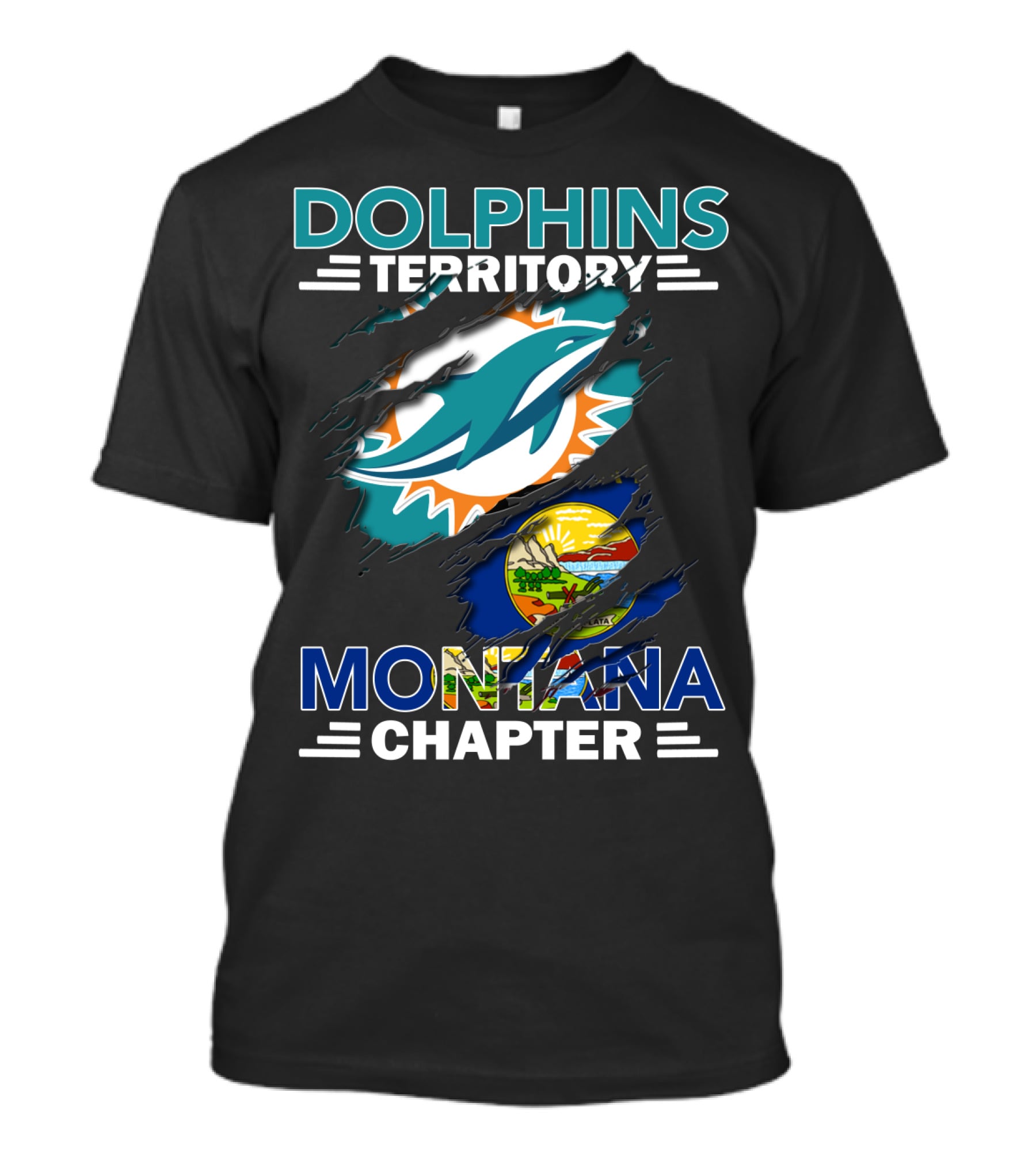 Dolphins Territory Montana Chapter Miami Dolphins Logo With Montana State Flag T-Shirt