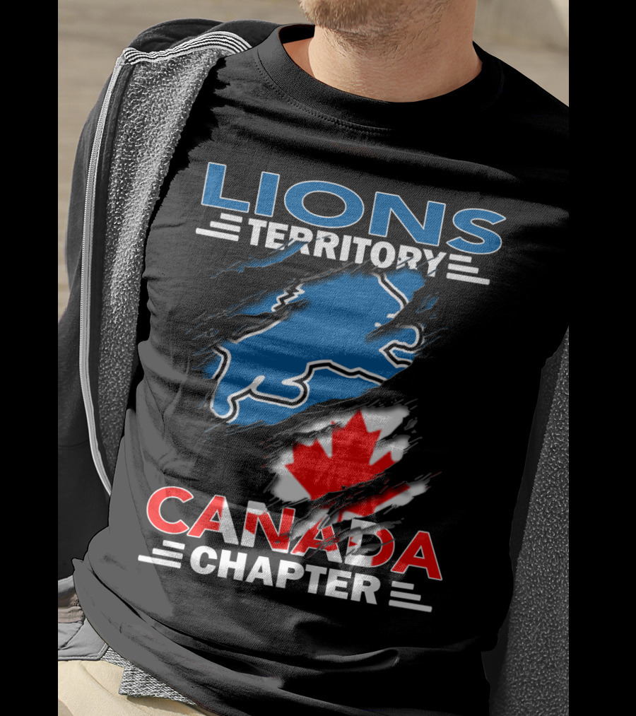 Lions Territory Canada Chapter Blue Lion Silhouette Red Maple Leaf T-Shirt
