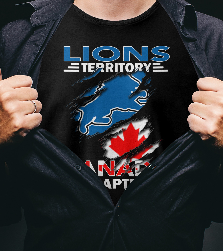 Lions Territory Canada Chapter Blue Lion Silhouette Red Maple Leaf T-Shirt