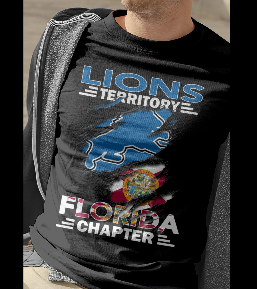 Lions Territory Florida Chapter Blue Lion Outline With Florida State Flag Tear T-Shirt