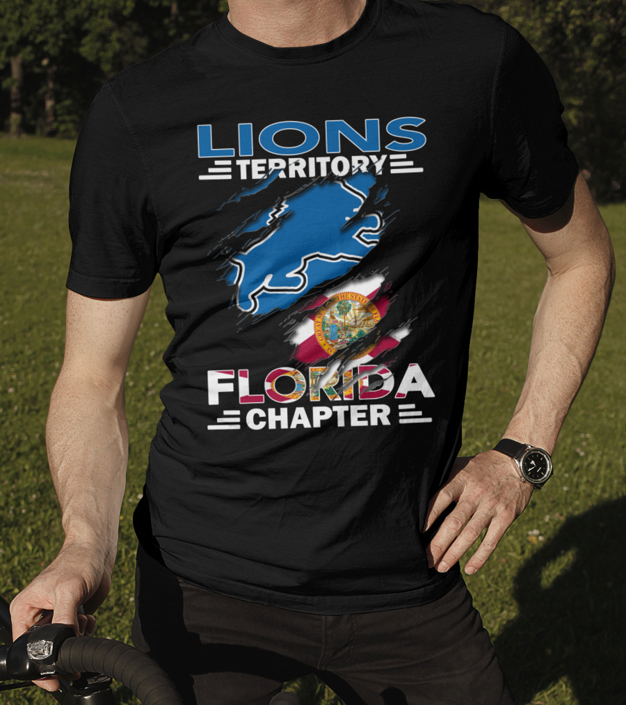 Lions Territory Florida Chapter Blue Lion Outline With Florida State Flag Tear T-Shirt