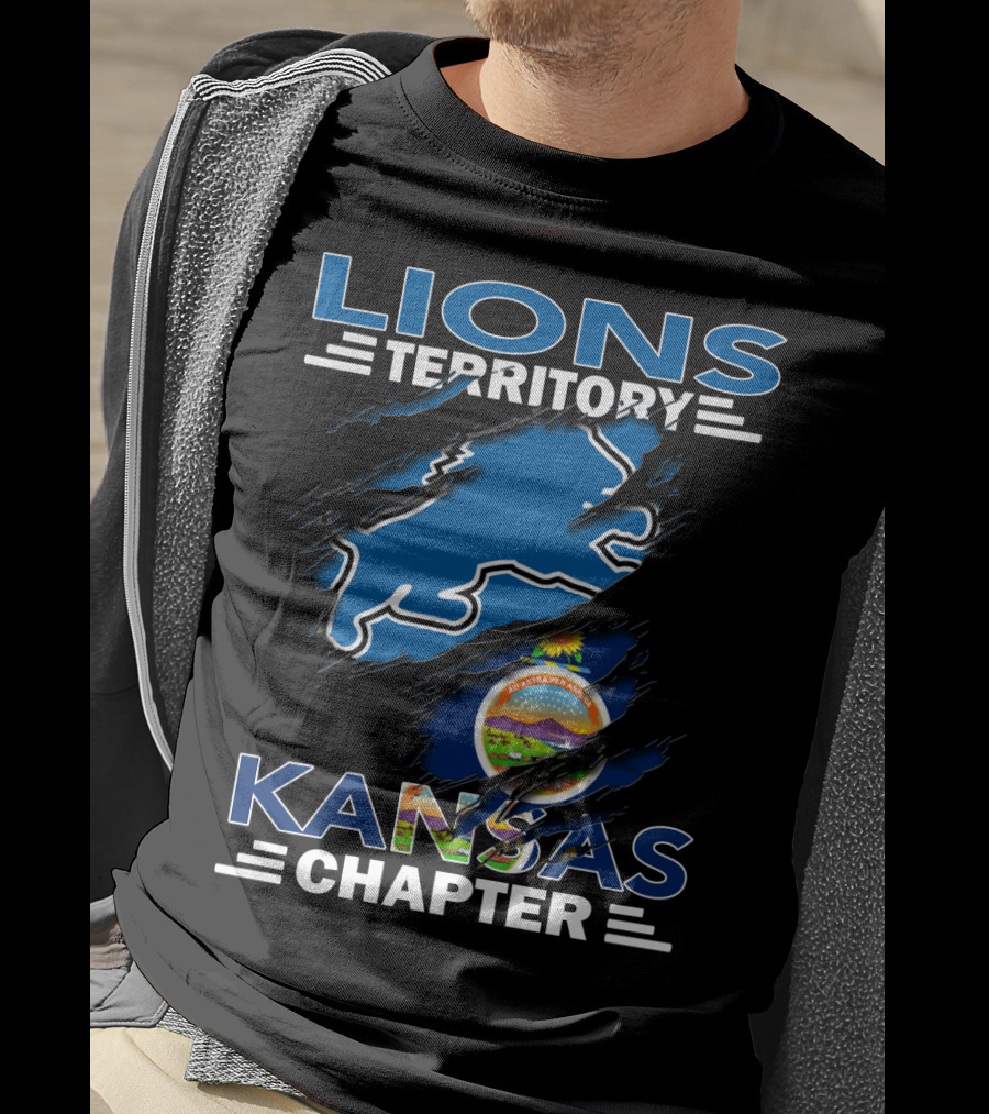Lions Territory Kansas Chapter With Blue Lion And Kansas Seal T-Shirt