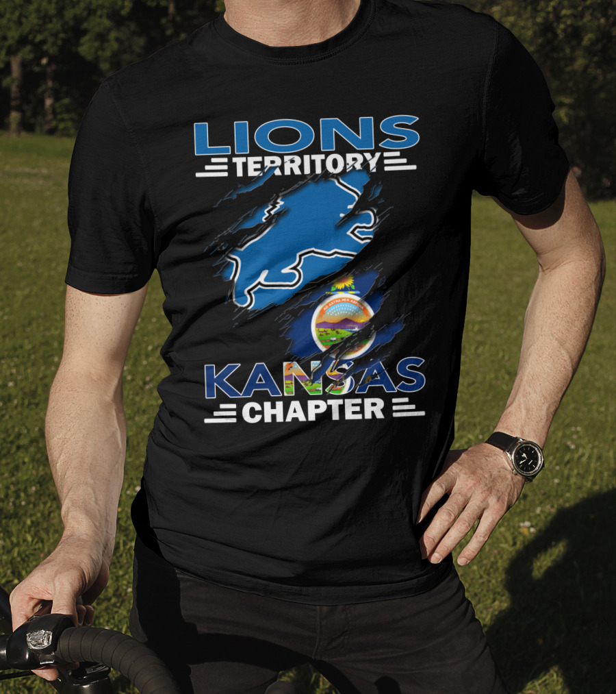 Lions Territory Kansas Chapter With Blue Lion And Kansas Seal T-Shirt