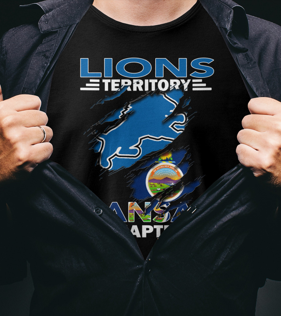 Lions Territory Kansas Chapter With Blue Lion And Kansas Seal T-Shirt