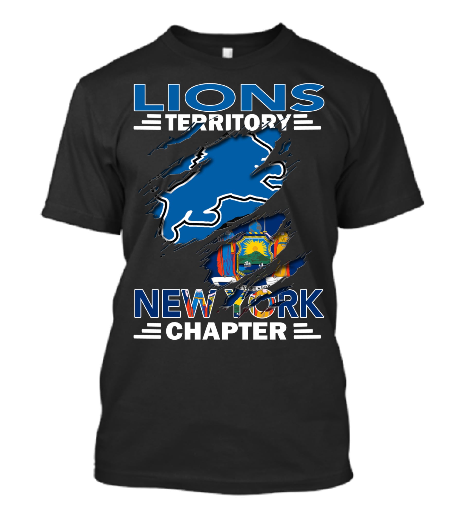 Lions Territory New York Chapter Blue Lion Silhouette Flag T-Shirt