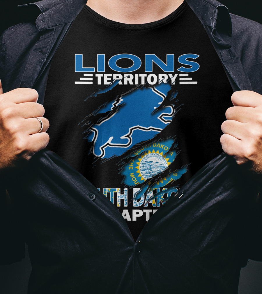 Lions Territory South Dakota Chapter State Emblem And Blue Lion T-Shirt