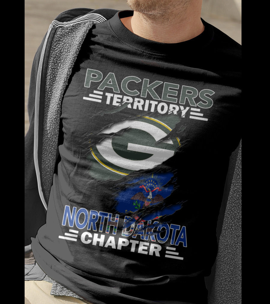 Packers Territory North Dakota Chapter Torn Green Bay G Logo And State Flag T-Shirt