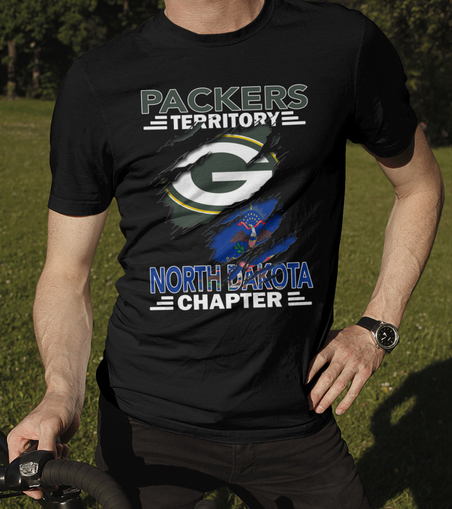 Packers Territory North Dakota Chapter Torn Green Bay G Logo And State Flag T-Shirt