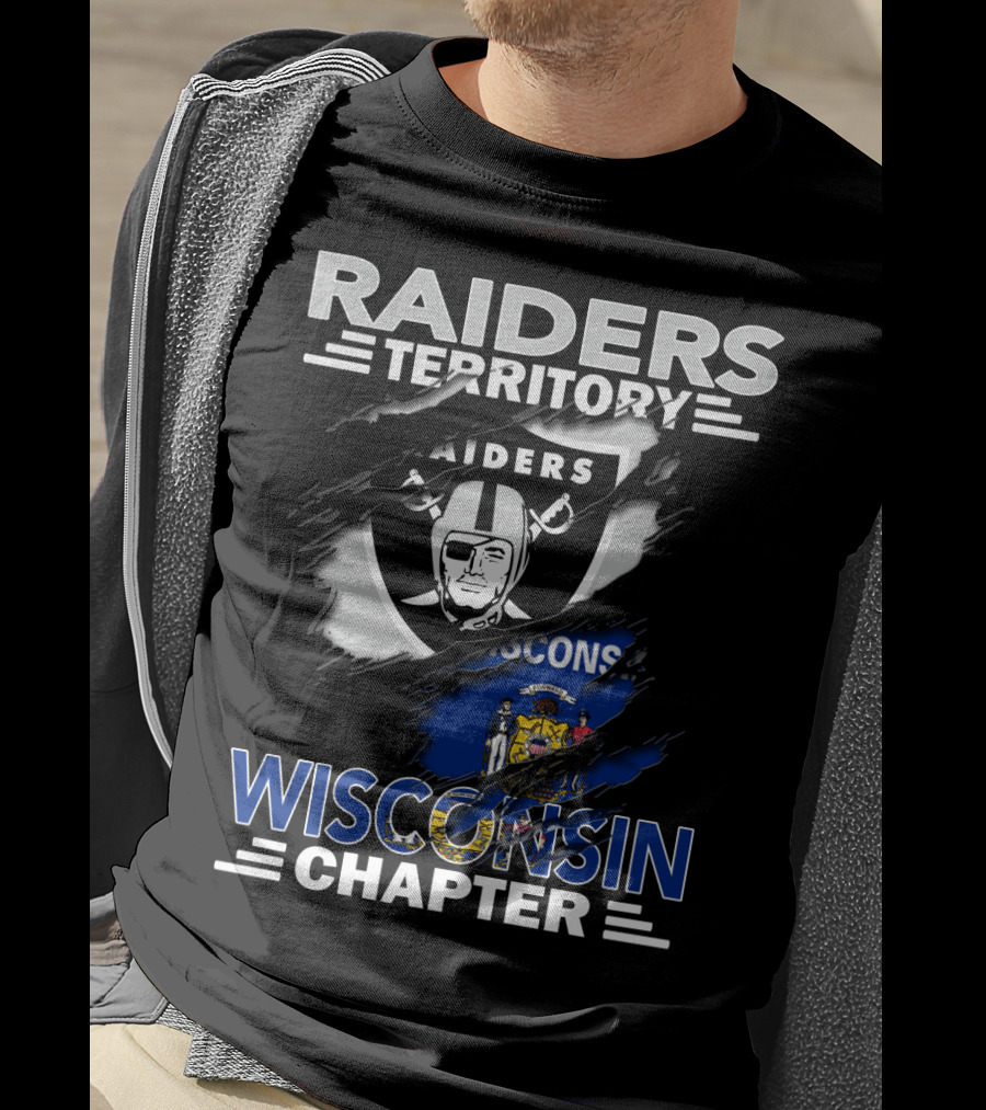 Raiders Territory Wisconsin Chapter NFL Team Fan Club Logo And State Flag Tear T-Shirt