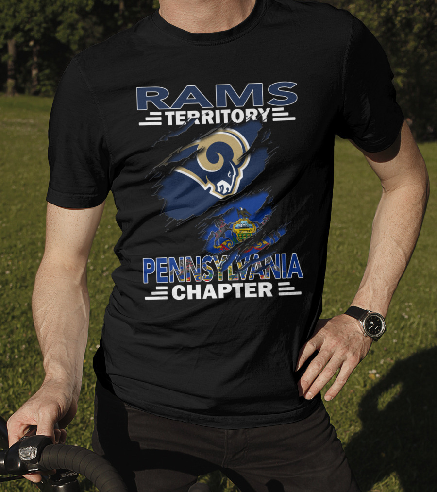 Rams Territory Pennsylvania Chapter With Blue And White Ram Logo And Pennsylvania State Flag Background T-Shirt