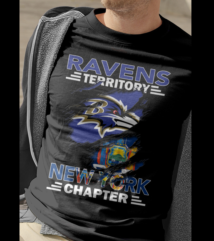 Ravens Territory New York Chapter With Baltimore Ravens Logo And New York State Flag T-Shirt