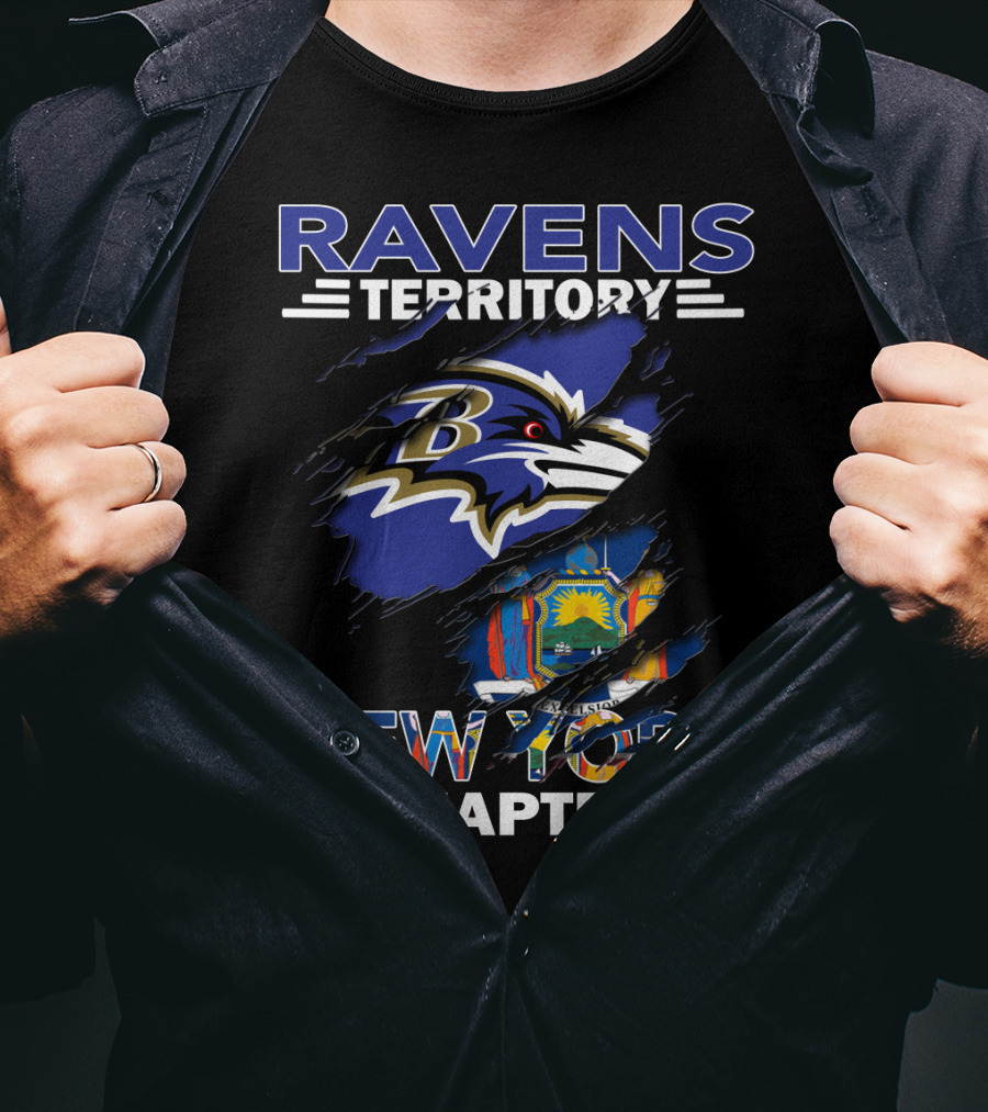 Ravens Territory New York Chapter With Baltimore Ravens Logo And New York State Flag T-Shirt