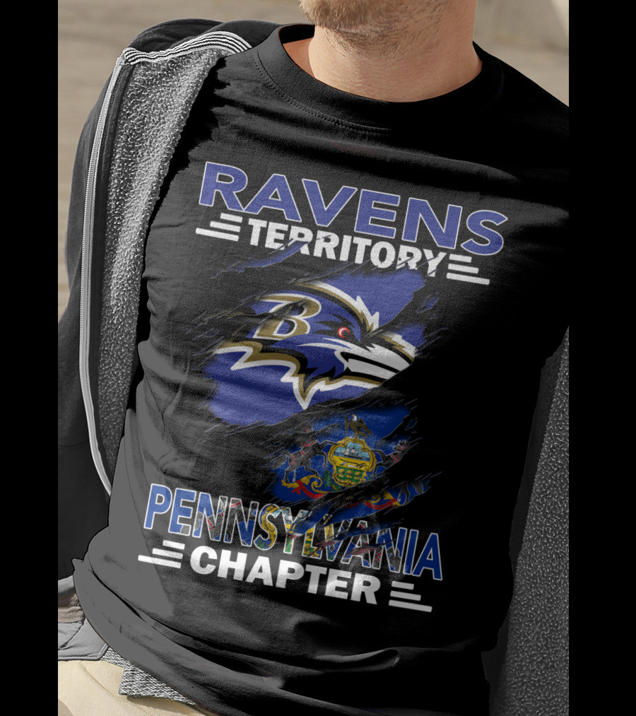 Ravens Territory Pennsylvania Chapter Baltimore Football Fan Club With Pennsylvania State Flag And Tattered Effect T-Shirt