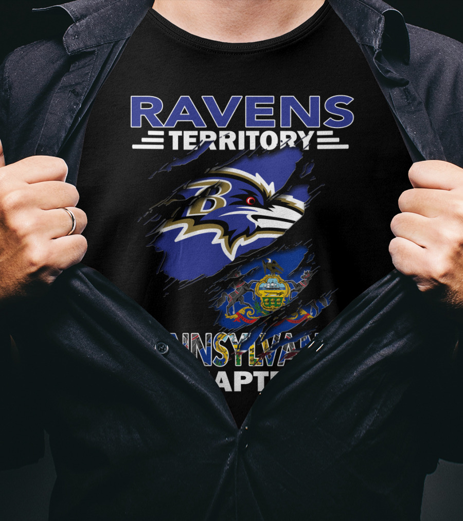 Ravens Territory Pennsylvania Chapter Baltimore Football Fan Club With Pennsylvania State Flag And Tattered Effect T-Shirt