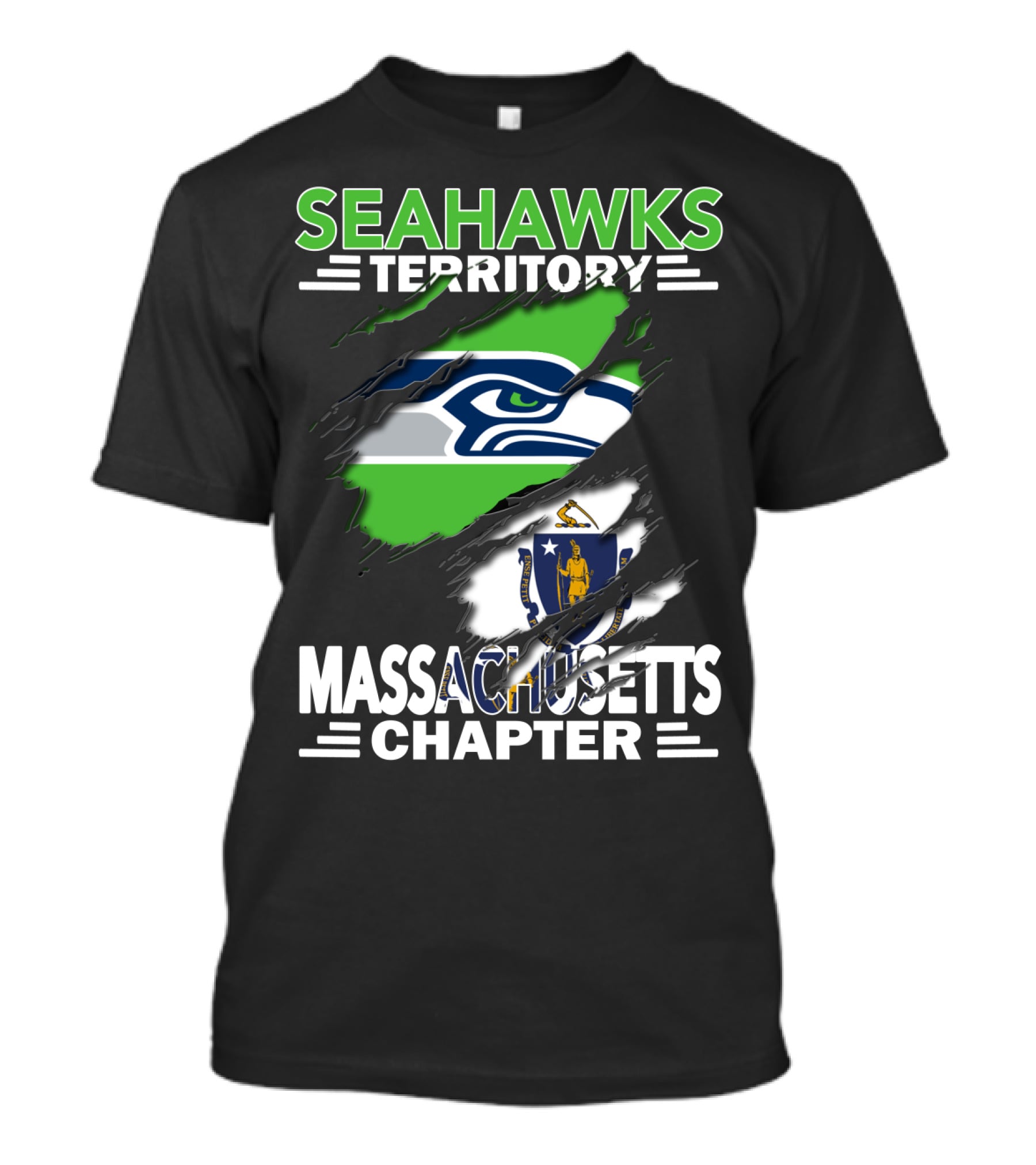 Seahawks Territory Massachusetts Chapter Fan Support With Logo And State Flag T-Shirt