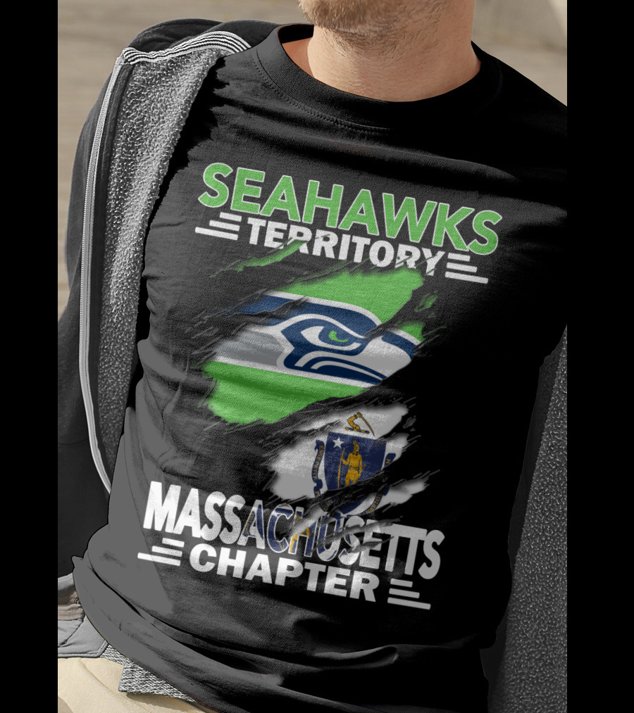Seahawks Territory Massachusetts Chapter Fan Support With Logo And State Flag T-Shirt