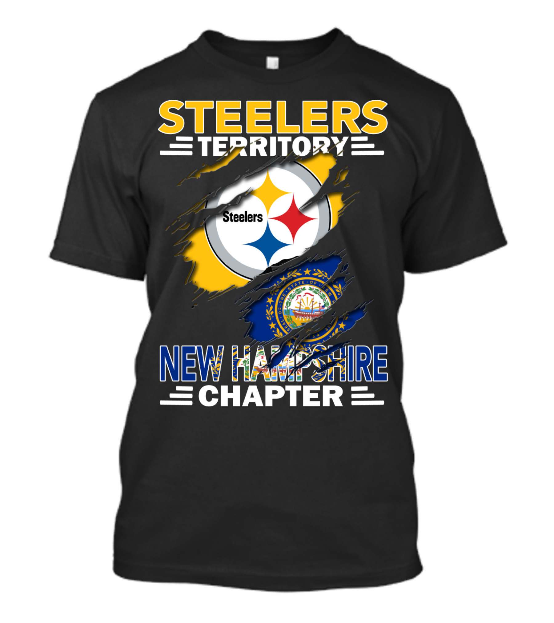Steelers Territory New Hampshire Chapter Steelers Logo And State Seal Rip T-Shirt