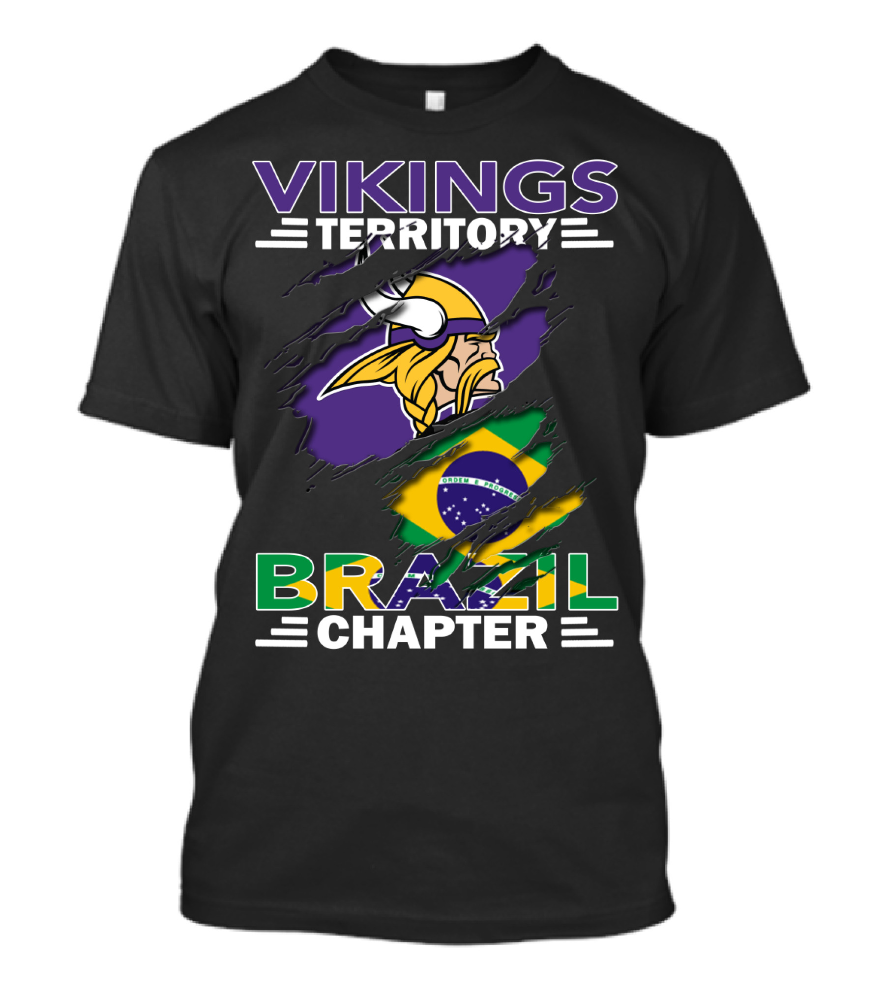 Vikings Territory Brazil Chapter Purple Gold Logo And Brazilian Flag Fusion T-Shirt