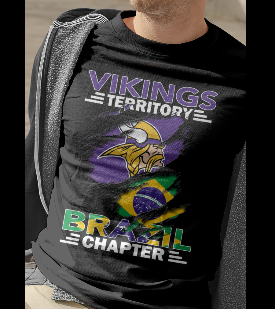 Vikings Territory Brazil Chapter Purple Gold Logo And Brazilian Flag Fusion T-Shirt