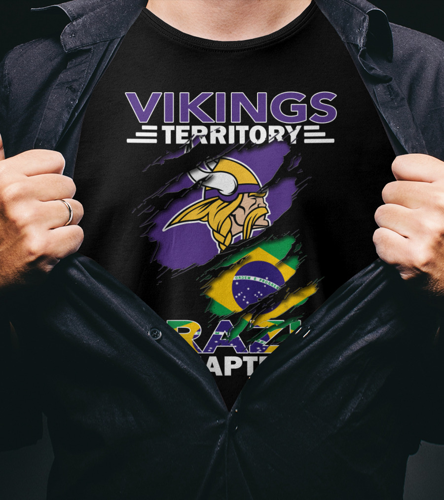 Vikings Territory Brazil Chapter Purple Gold Logo And Brazilian Flag Fusion T-Shirt