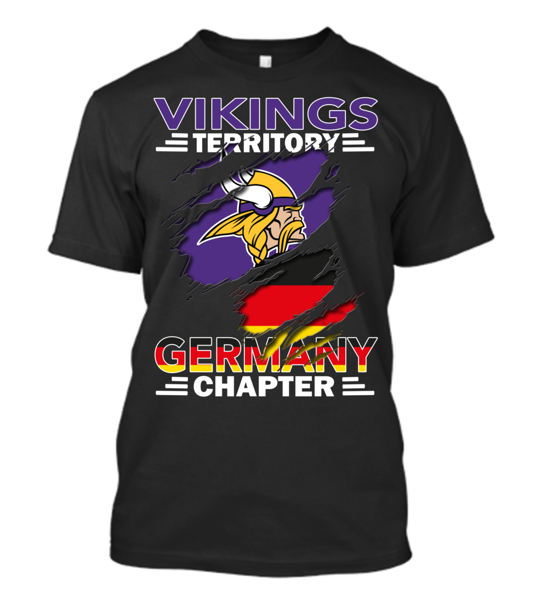 Vikings Territory Germany Chapter Purple And Gold Logo With German Flag Background T-Shirt