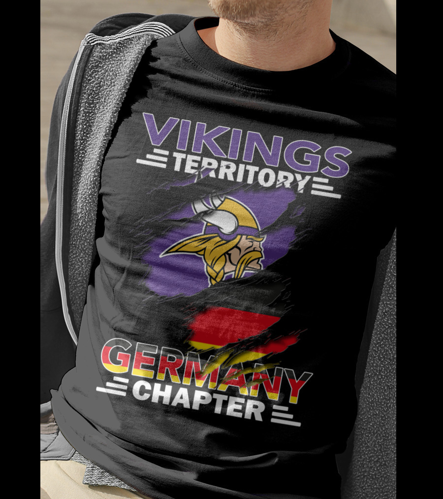 Vikings Territory Germany Chapter Purple And Gold Logo With German Flag Background T-Shirt