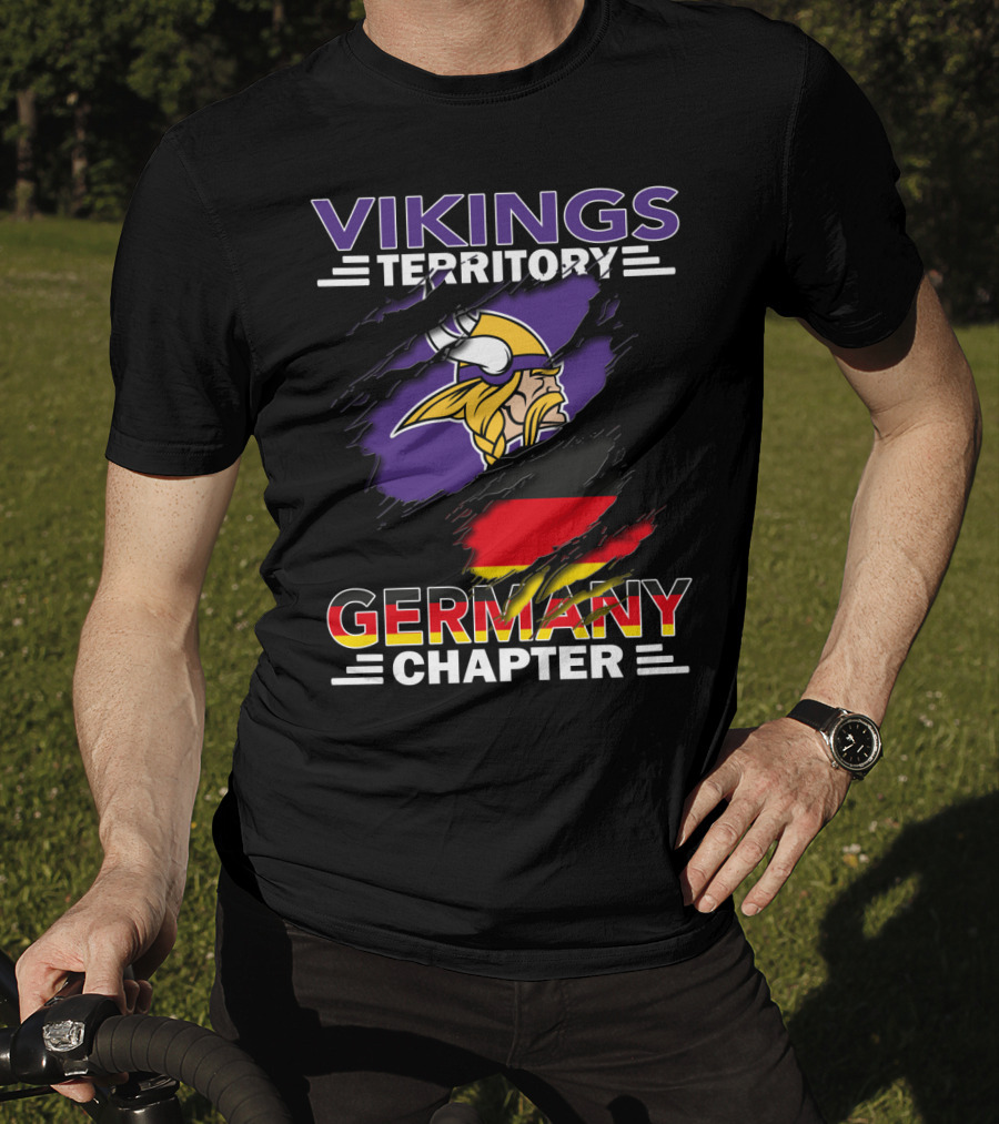 Vikings Territory Germany Chapter Purple And Gold Logo With German Flag Background T-Shirt