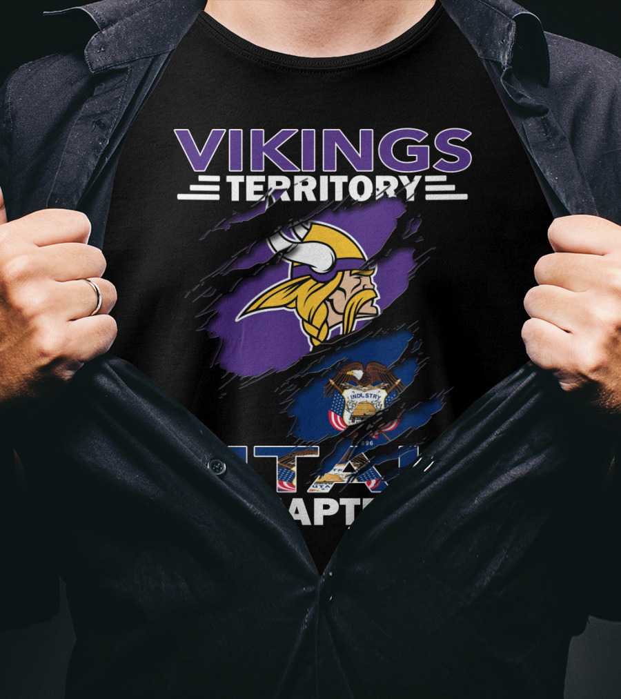Vikings Territory Utah Chapter Emblem With Viking Helmet And Utah State Flag T-Shirt