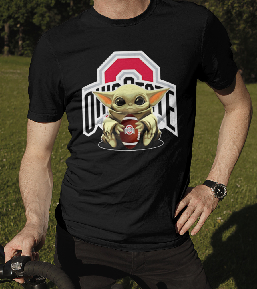 Baby Yoda Holding Ohio State Buckeyes Football T-Shirt
