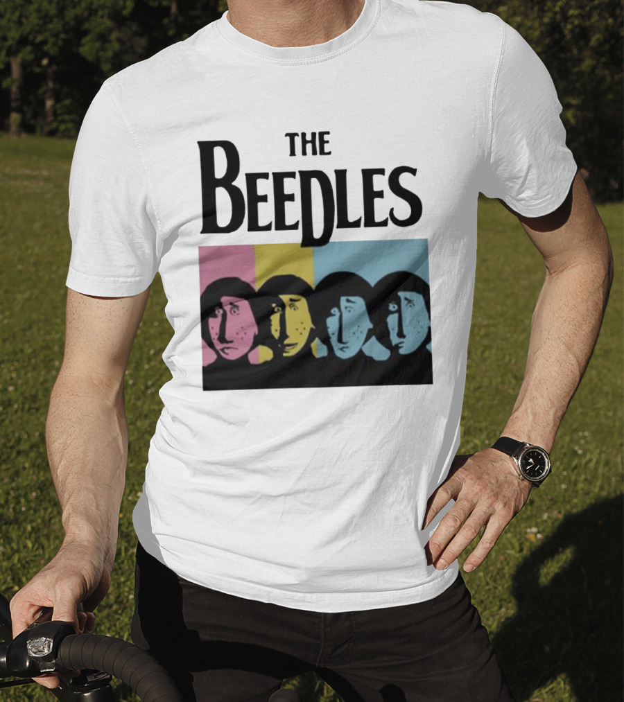 The Beedles Cartoon Pop Art Faces In Pink Yellow Blue T-Shirt