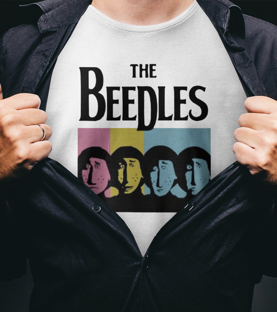 The Beedles Cartoon Pop Art Faces In Pink Yellow Blue T-Shirt