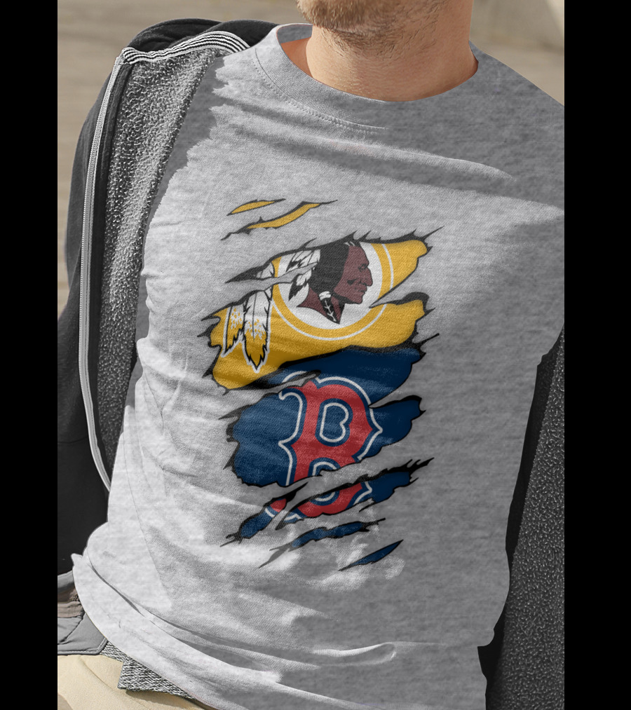 Washington Redskins Boston Red Sox Logos Dual Ripped T-Shirt