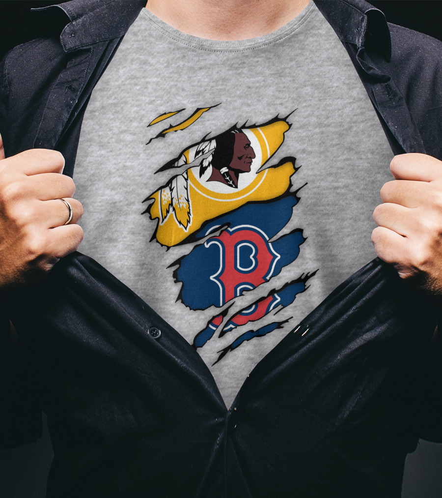 Washington Redskins Boston Red Sox Logos Dual Ripped T-Shirt