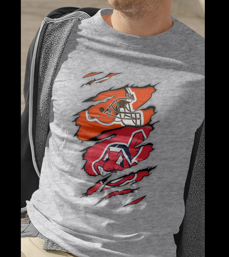 Cleveland Indians Browns Football Helmet Chief Wahoo Torn Rip T-Shirt